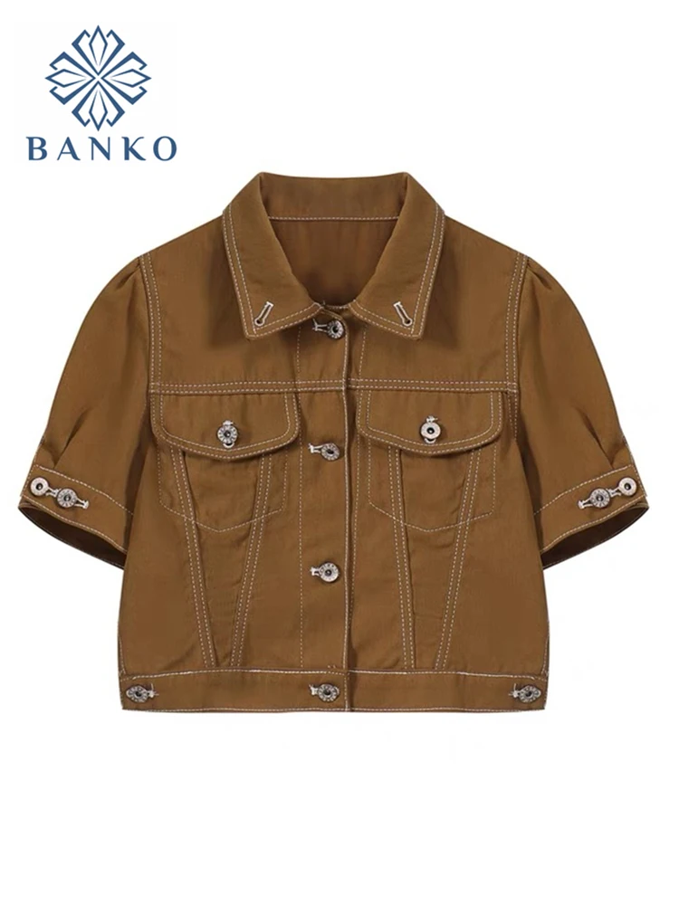 

Brown Denim Women's Shirt Office Lady Short Sleeve Polo Blouse 2022 Summer Korean Fashion Vintage All-Match Crop Tops Female New