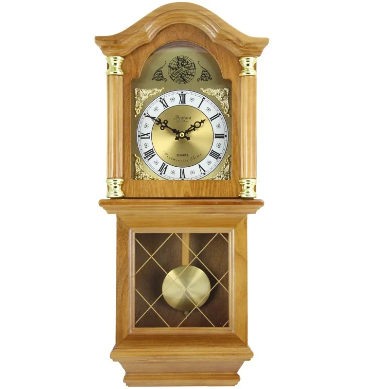 

Bedford Clock Collection Classic Golden Oak Chiming Wall Clock With Swinging Pendulum