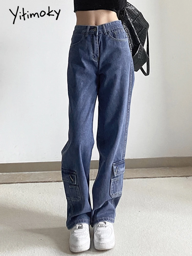

Yitimoky Casual Baggy Jeans Women High Waist Wide Leg Cargo Pants Y2K Streetwear Pockets Straight Denim Trousers Harajuku Jogger