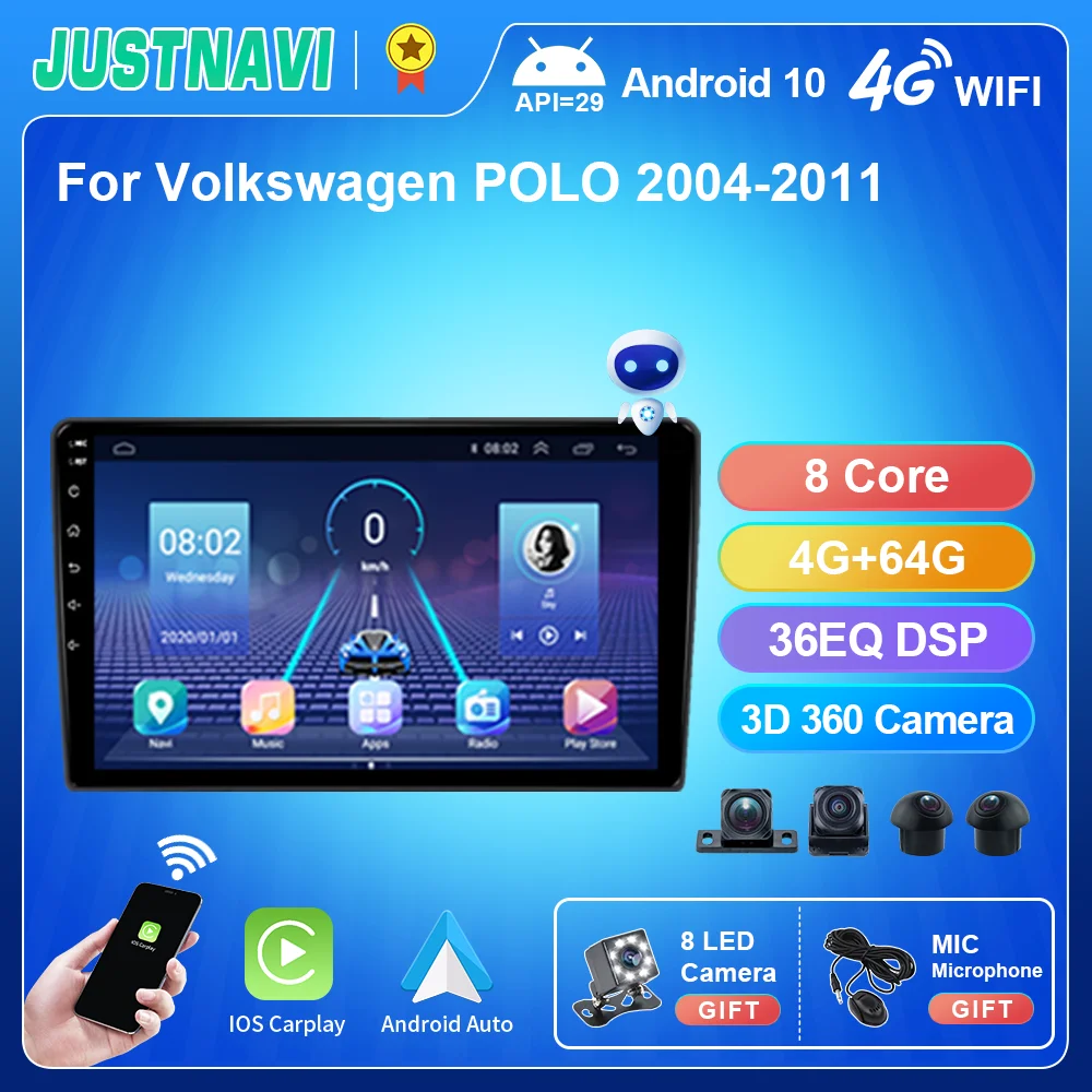 JUSTNAVI Car Radio For Volkswagen POLO 2004-2011 Car Multimedia Player autoradio Android 10.0 Carplay 4G GPS Navigation 2din DVD