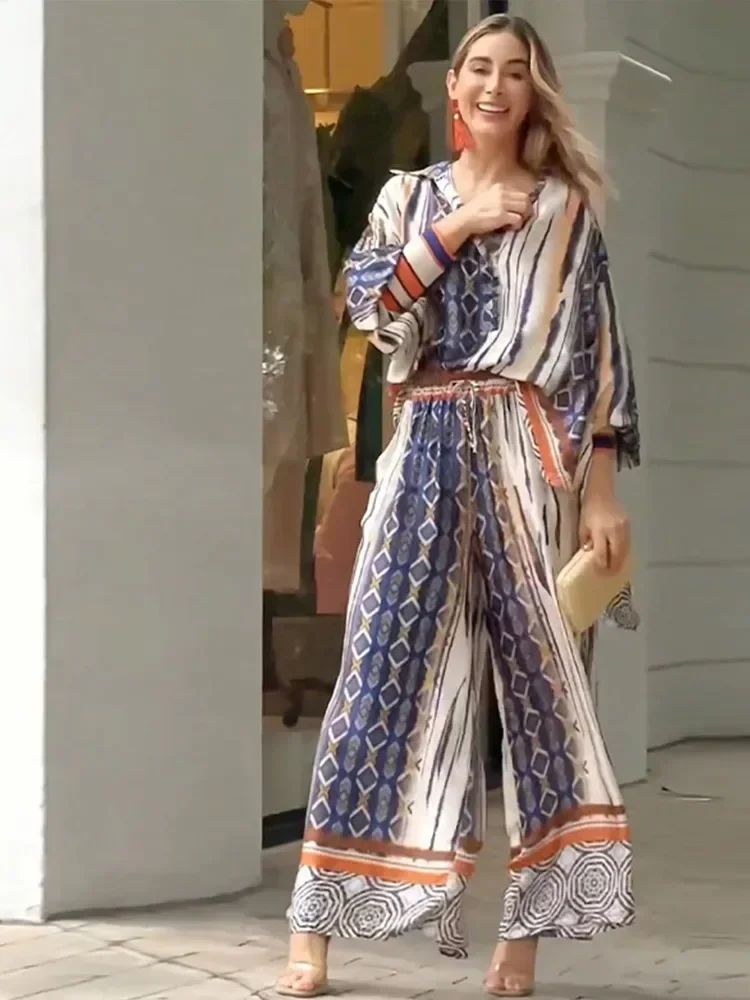 2024 Брючный костюм-рубашка с принтом женские однобортные свободные рубашки