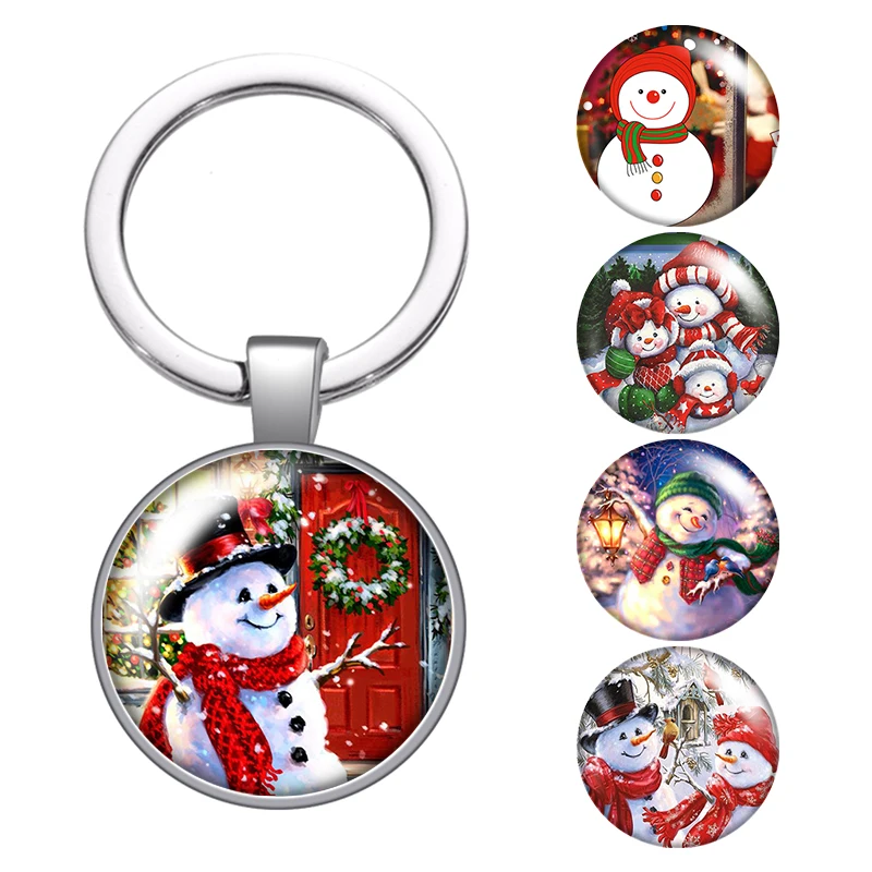 

LE Merry Christmas Snowman Gift Glass Cabochon Keychain Bag Car Key Chain Ring Holder Silver Color Keychains For Men Women Gifts