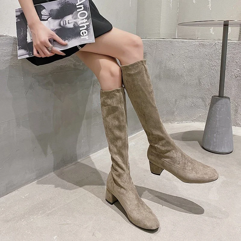 

Women Mid-calf Boots Female Long Boots Pointed Toe Flock Slip-on Solid Square Heels Ladies Concise Casual Shoes Fashion New