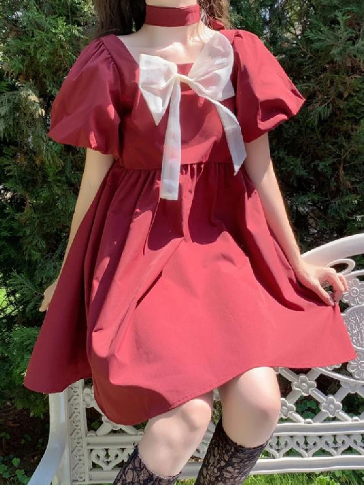 

Sweet Red Bow Fairy Preppy Style Women Dress Summer Square Collar Backless Short Sleeve Cute Kawaii Chic Student Mini Dresses