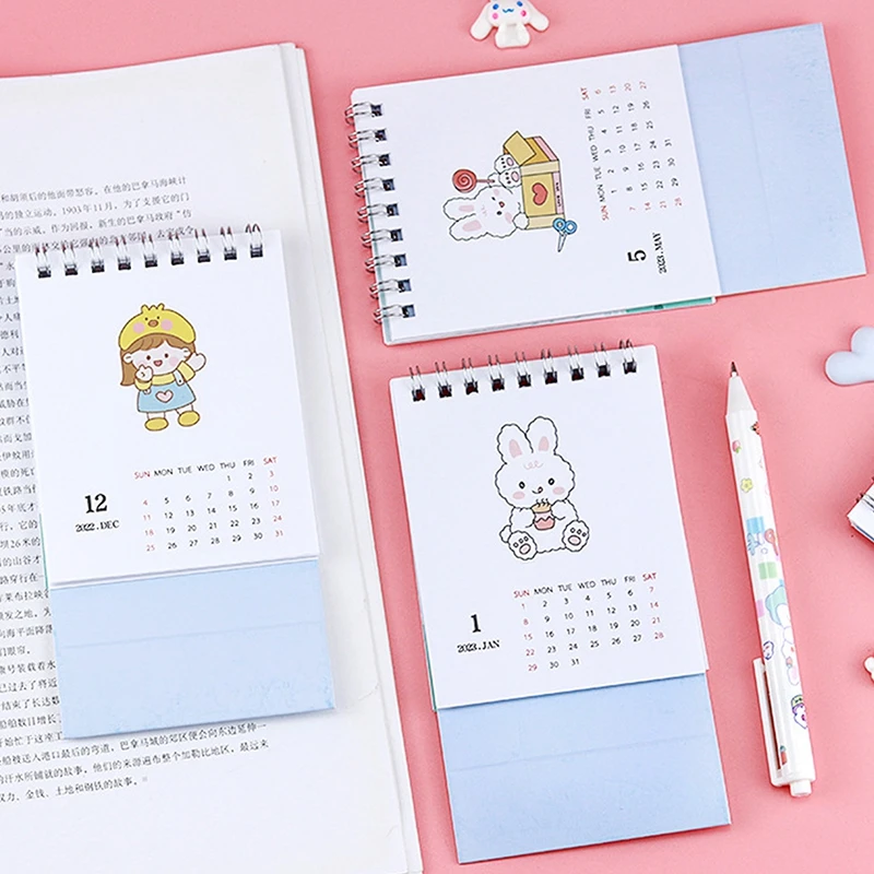 

2023 Mini Size Cute Cartoon Rabbit Cat Desktop Calendar Dual Daily Scheduler Table Planner Yearly Agenda Organizer School