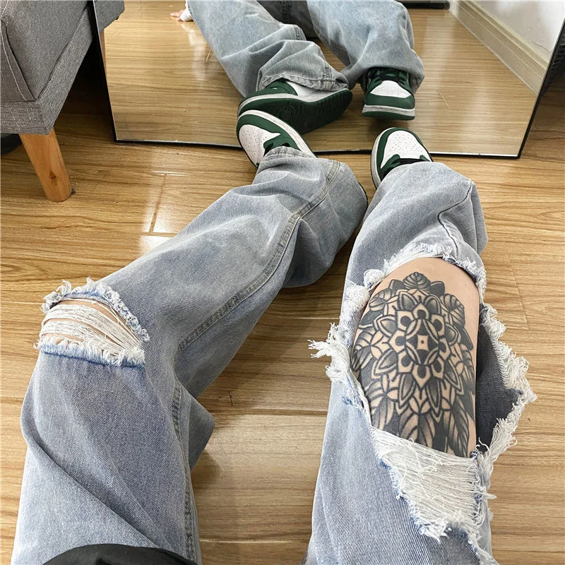Summer Blue Ripped Jeans Men Fashion Casual Wide Leg Jeans Men Streetwear Loose Hip Hop Straight Hole Denim Pants Mens Trousers