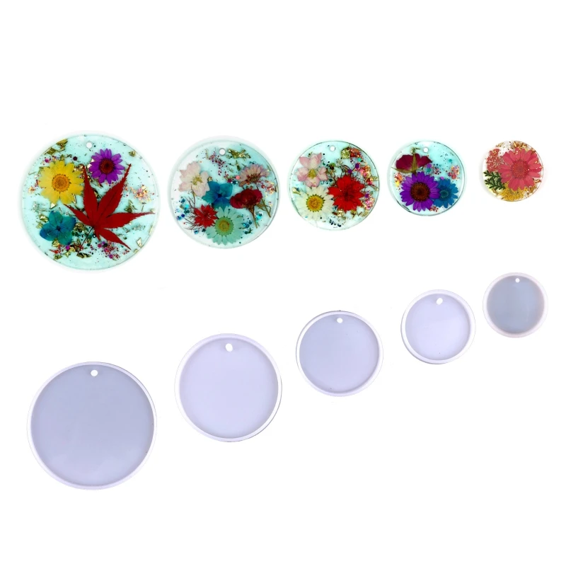 

X6HE 5Pcs Shiny Glossy Silicone Molds Five Sizes Round Keychain Mold DIY Pendant Ornaments Jewelry Epoxy Resin Crafting Mold