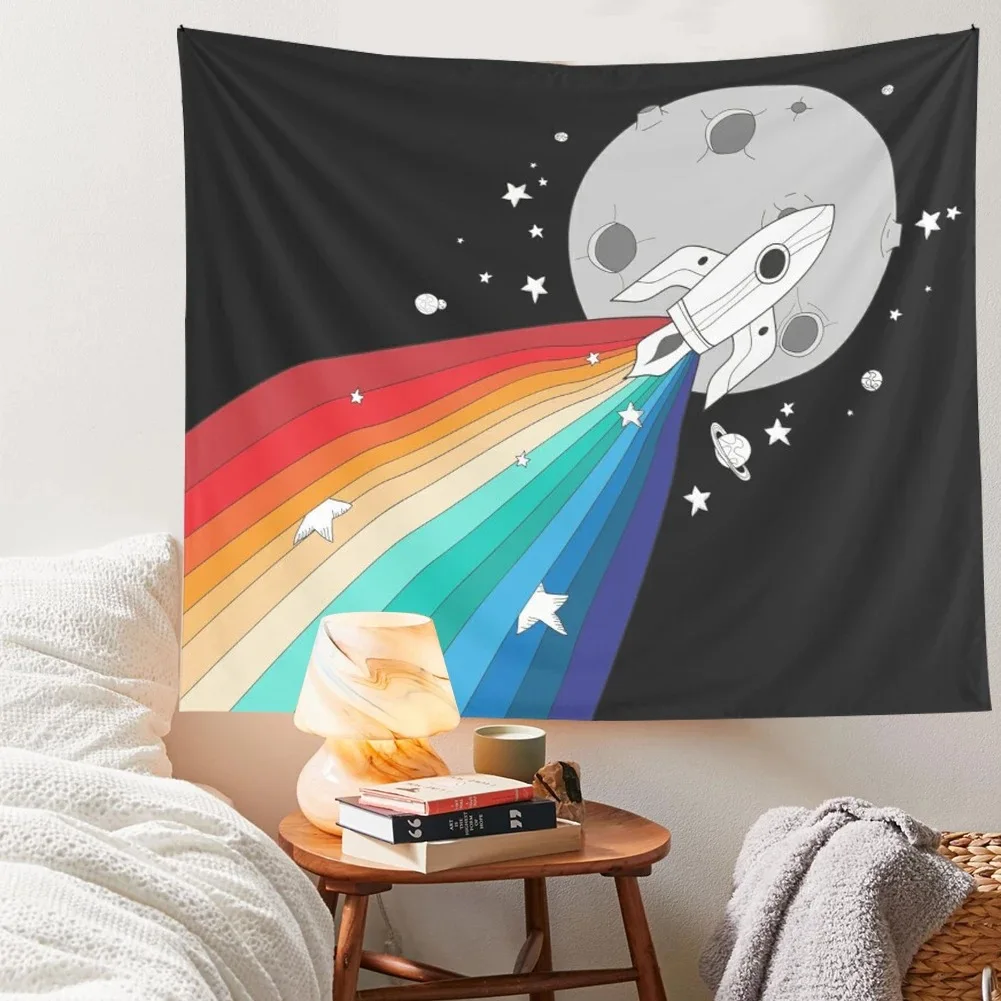 

Cartoon Flying Machine Rainbow Tapestry Wall Hanging Abstract Room Decor Rocket Planet Wall Cloth Tapestries Blanket Bedspread