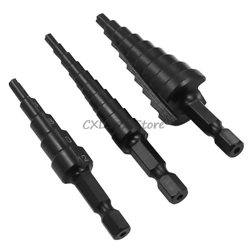 

3Pcs/set 3-12mm 4-12mm 4-20mm Hexagonal Handle Black Straight Slot Ladder Drill High Speed Steel Pagoda Drill Hole Opener Set