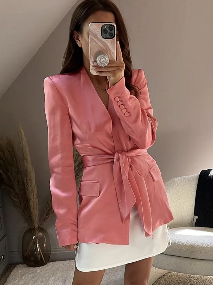 

Two Piece Sets Women Officewear Pink Slit Satin Saches Buttoned Full Sleeve Blazer Coat Straight Zipper Fly Pants Casual