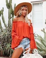 springsummer ladies off shoulder flare sleeve long sleeve top women t shirt womens top loose french solid color top