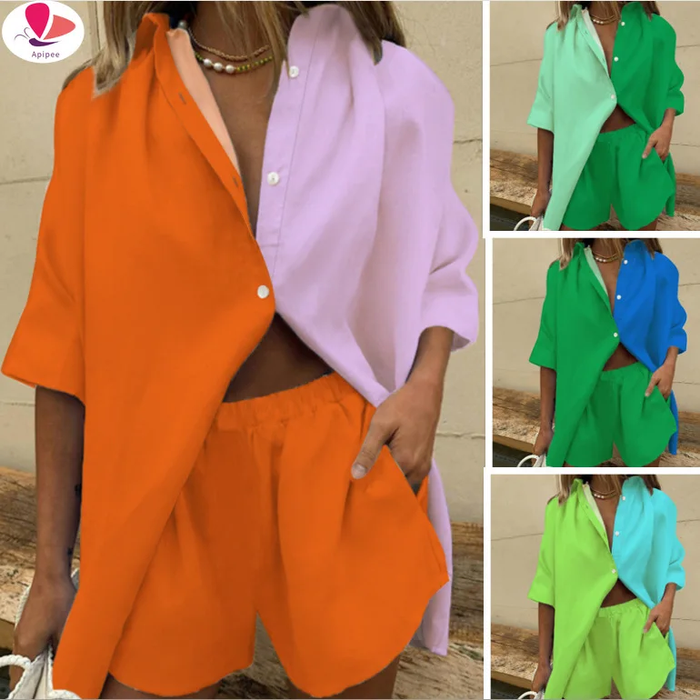 Женский костюм с топом длинным рукавом и шортами широкими штанинами