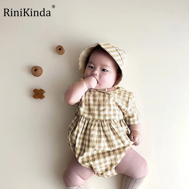 

RiniKindaSummer Newborn Infant Baby Girls Romper + Hat Muslin Short Sleeve Rompers Kids Onepiece Plaid Baby Clothing
