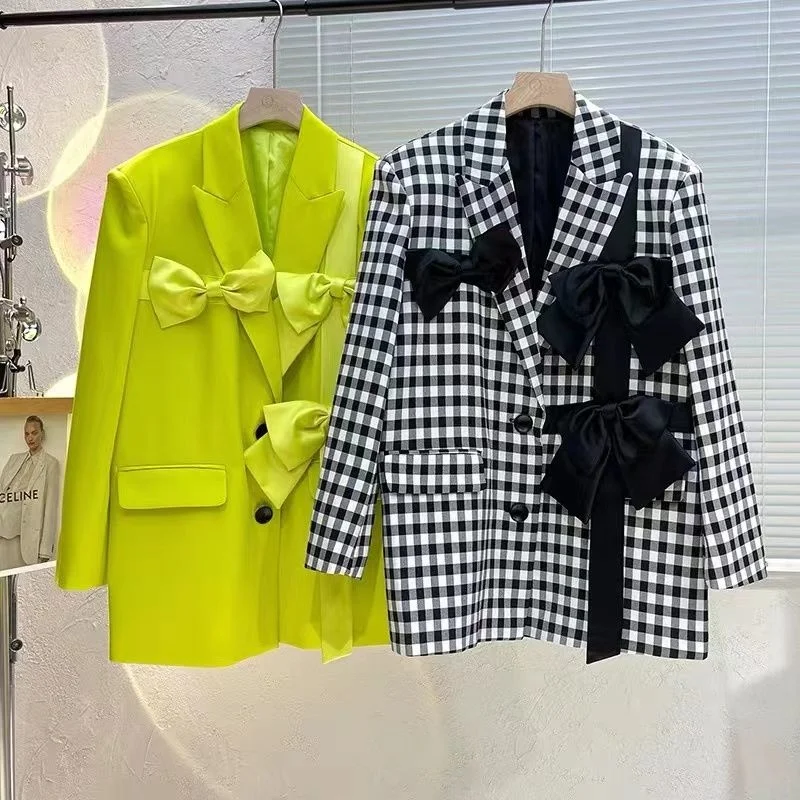 Loose Plus Size Big Bow Plaid Suit Coat Women's 2022 Autumn Korea Blazer Dress Women Bowknot Blazers Female Office Ladies