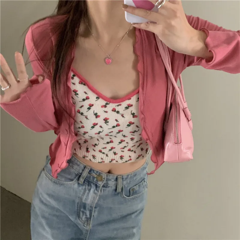 

Sweet Two Piece Tops for Women Summer Cute Suit Short Cardigan and Crop Tops Floral Pattern V-Neck Knitted Tops Kawaii Clothes