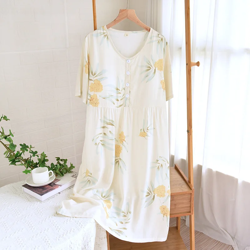 Korean Sleepwear Women Short Sleeve Printed Night Wear Dress Loose Summer Nightgowns Female Lounge Nightdress Vestido Mujer