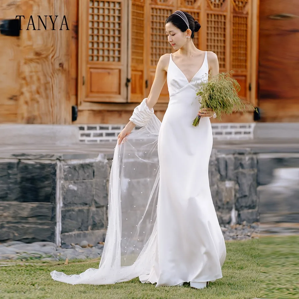 Женское атласное свадебное платье на бретельках элегантное платье-футляр из