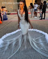 luxury o neck long prom dress for black girls 2022 appliques birthday party gown feathers celebrity dresses robe de soiree