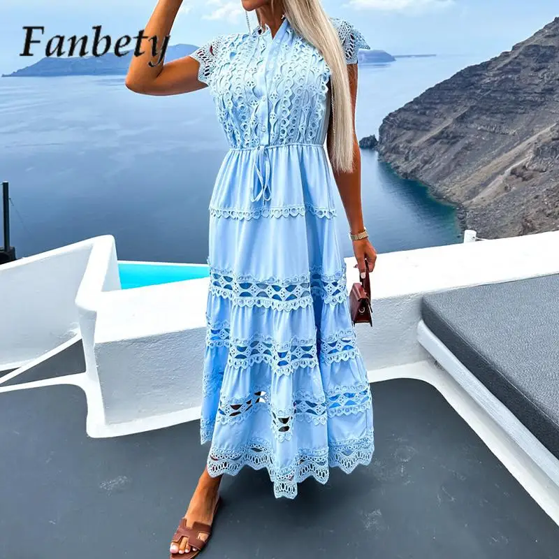 

Women Elegant Embroidery Hollow Out Party Dress Summer Casual Short Sleeve Lace-Up Beach Dress Fashion Lace Button Maxi Dresses
