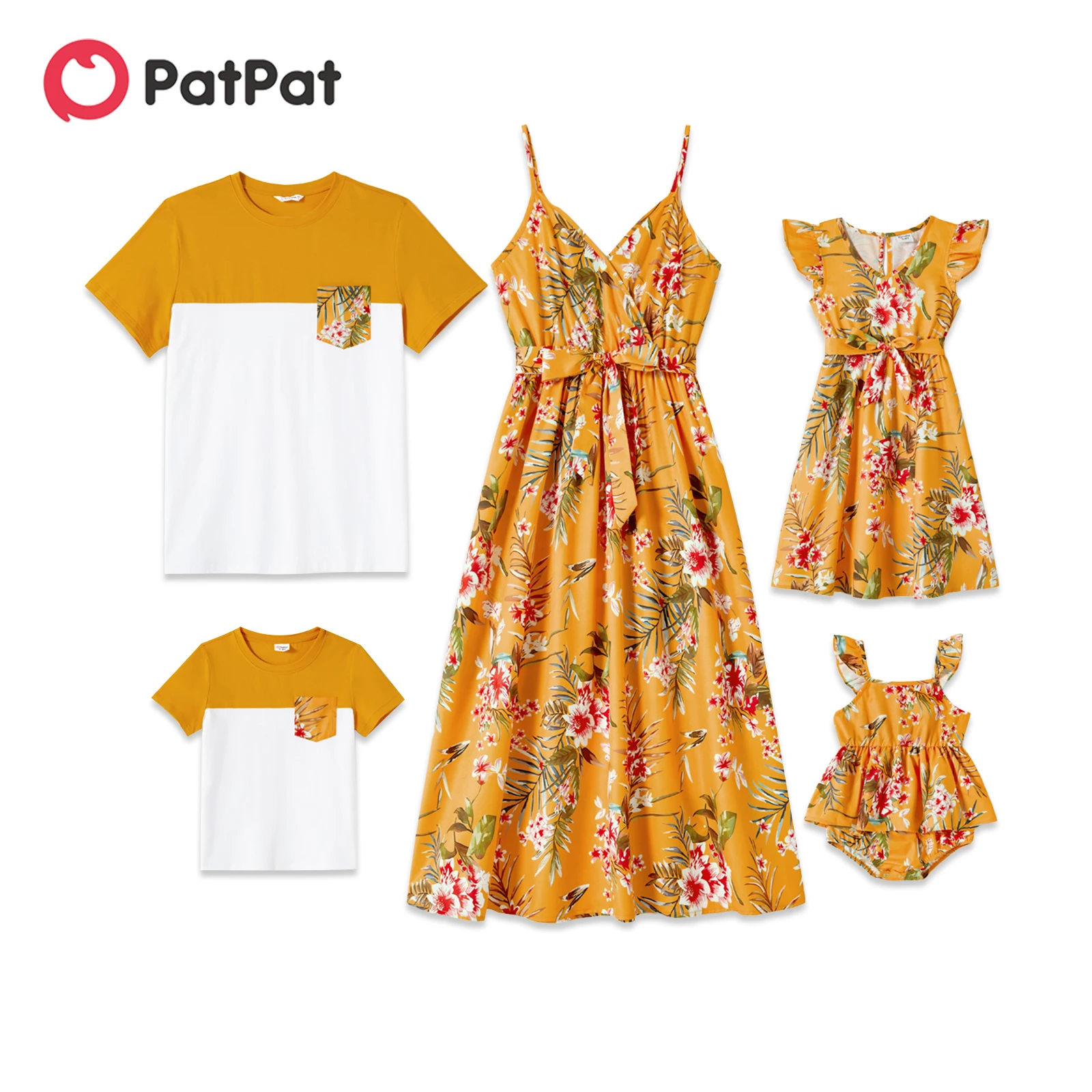 

PatPat Family Matching Outfits Cotton Short-sleeve Colorblock T-shirts and Allover Floral Print Belted Strappy Dresses Sets