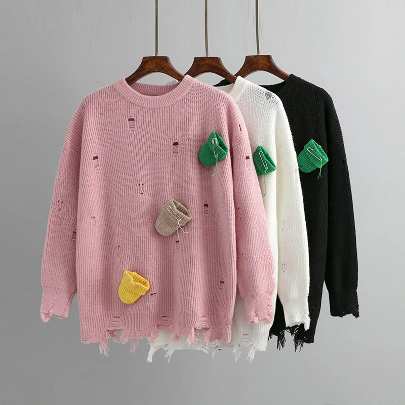 

Женский Теплый свитер с вырезами, повседневный плотный вязаный джемпер оверсайз с круглым вырезом, свободные пуловеры для осени и зимы