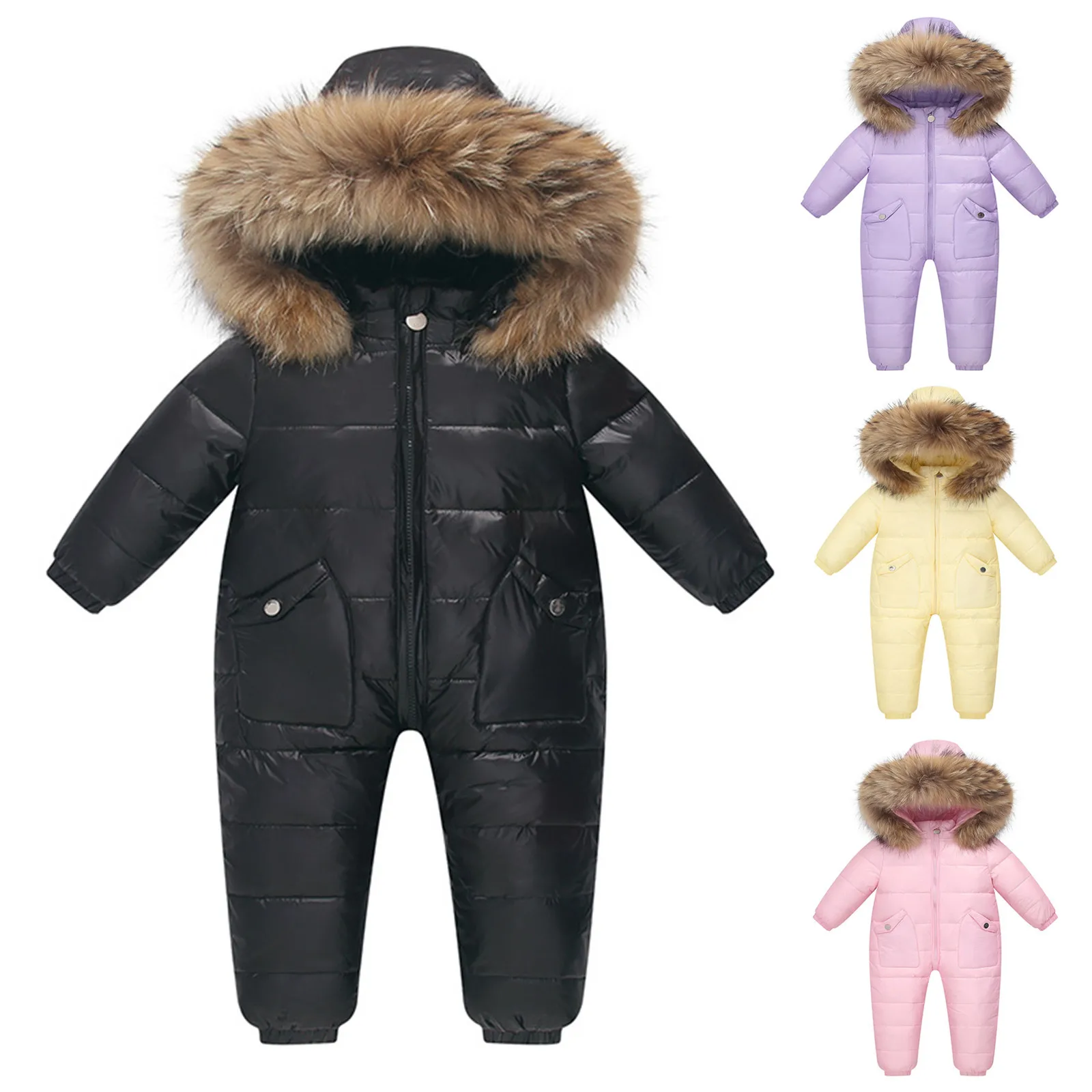 Детский зимний комбинезон на утином пуху с меховым воротником и капюшоном