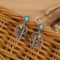 natural stone cactus oval drop earrings vintage jewelry antique silver color statement earrings wholesale