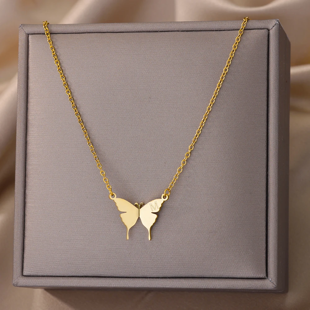 

Stainless Steel Necklaces Initial Letter A-Z Butterfly Pendant Name Necklace Women Delicate Jewelry Christmas Gift Dropshipping