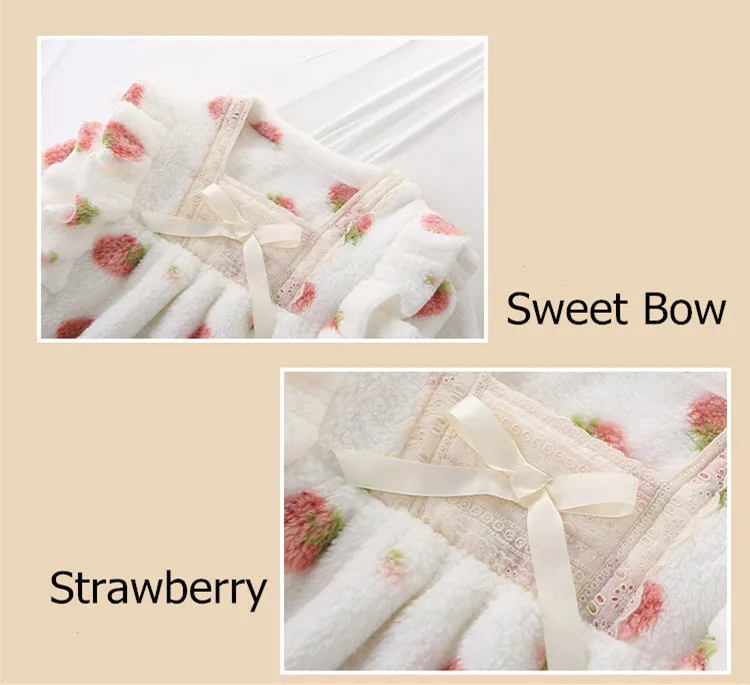 Yasuk Winter Fashion Women's Casual Lovely Print Strawberry Lace Warm Soft Sleepwear Loose Pajamas Nightdress Flannel Pullover