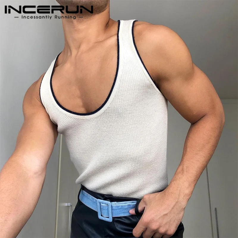 Stylish Hot Sale Tops INCERUN New Men's Fashion Spliced Solid Comfortable Waistcoat Sexy Casual Male Sleeveless Tank Tops S-5XL