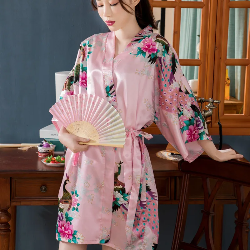 

Satin Robes for Brides Wedding Robe Sleepwear Silk Pijama Casual Bathrobe Peacock Rayon Short Nightgown Women Kimono Sleepwear