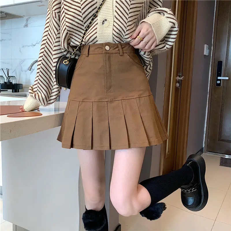 

High Waist Fashion Pleated Skirt for Women 2022 Autumn Korean Style Students' Mini Skirt A- Line Slim Package Hip Skirt Femme