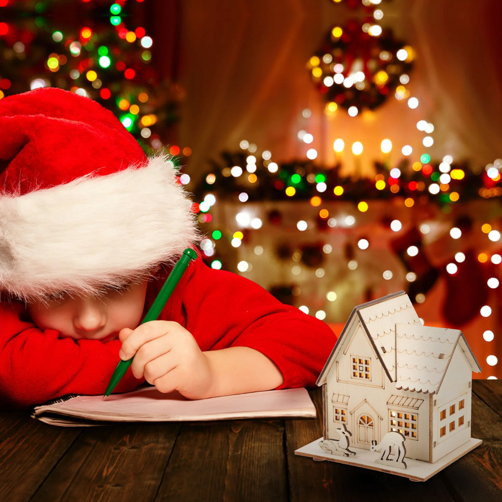 

Greeting Card Luminous Christmas Adornment Wood House Ornament Decors Xmas Wooden