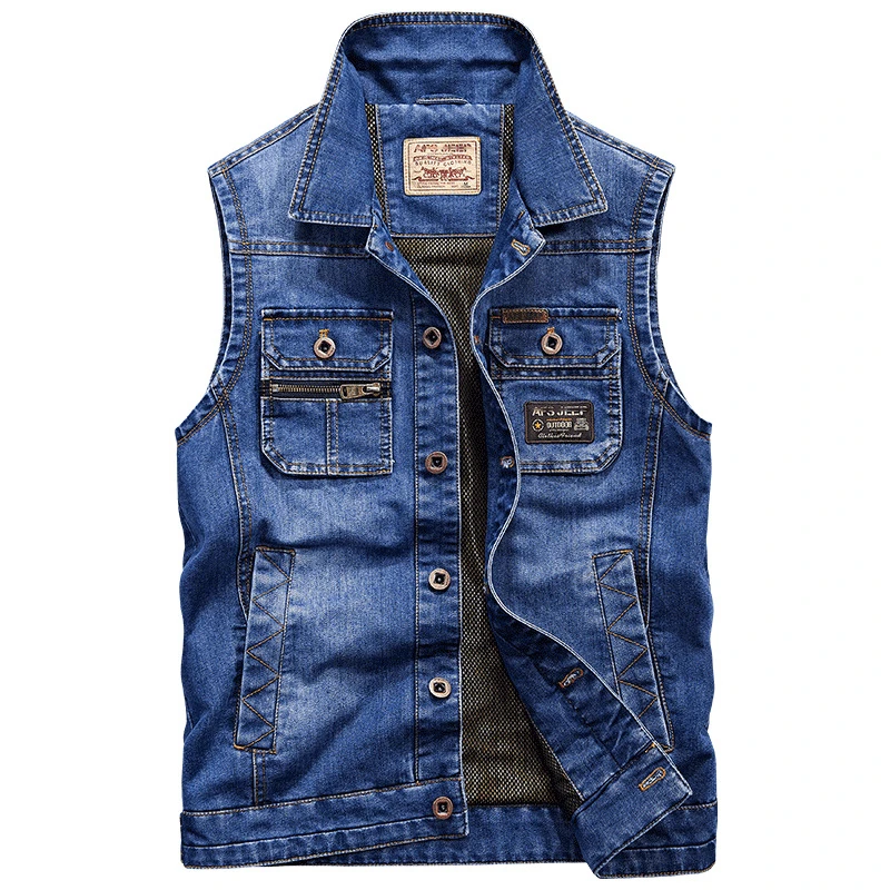 

2022 Spring Autumn Men Denim Vest Retro Ripped Multi Sleeveless Jeans Vest Pockets Military Industry Jeans Waistcoats for Male