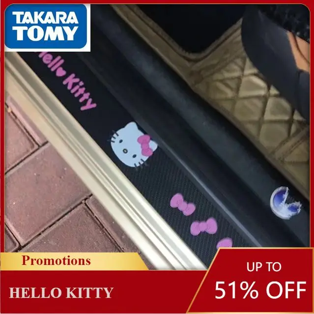 

Hello Kitty Cute Cartoon Car Door Sill Strip Anti-skid Strip Carbon Fiber Pattern Leather Anti-collision Stickers