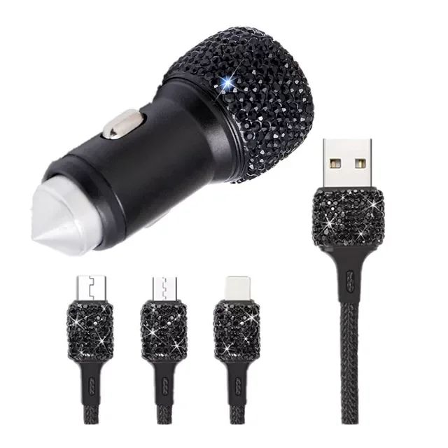 

Bling USB Car Charger 5V 2.1A Dual Port Fast Adapter with Type C Micro USB 3 In 1 Multi Charging Cable for IPhone Ipad Android