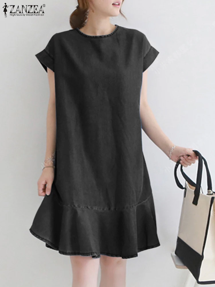 

Oversized Fashion Summer Short Sleeve Mini Sundress ZANZEA Party Robe Femme Women Ruffles Dresses Casual Loose Office Lady Robes