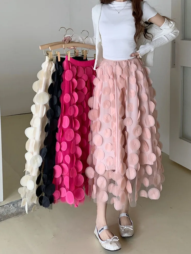 Женская винтажная юбка в горошек элегантная сетчатая бежевого и розового цвета с