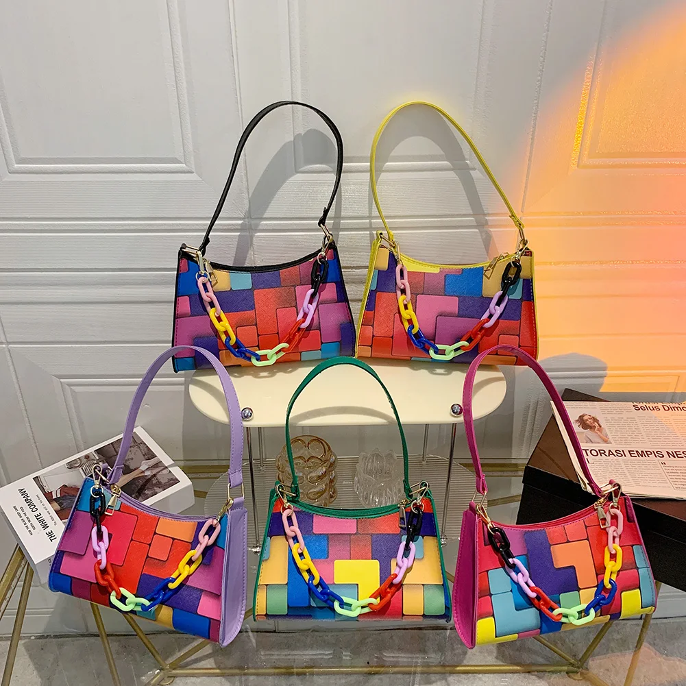 

Модный Цветной клатч с геометрическим рисунком, кожаный Повседневный женский клатч на плечо с цепочкой под подмышку, сумочка-кошелек