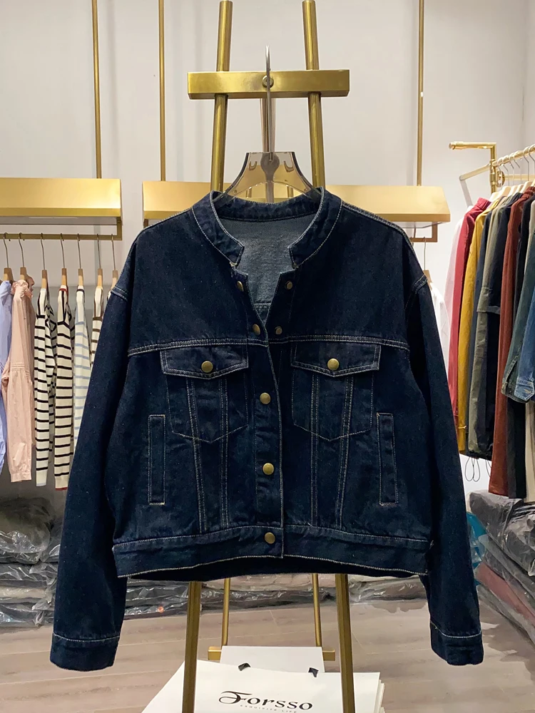 [Xiaoai Stall Real Shot] Джинсовое пальто в стиле ретро с воротником-стойкой Personali женское