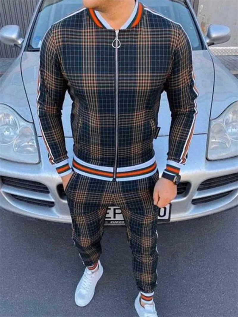 

Muscle Sport Suits New Autumn Plaid Stripes Print Fitness Zipper Jackets Sweatpants Slim Casual Fashion Tracksuits Men Clothing