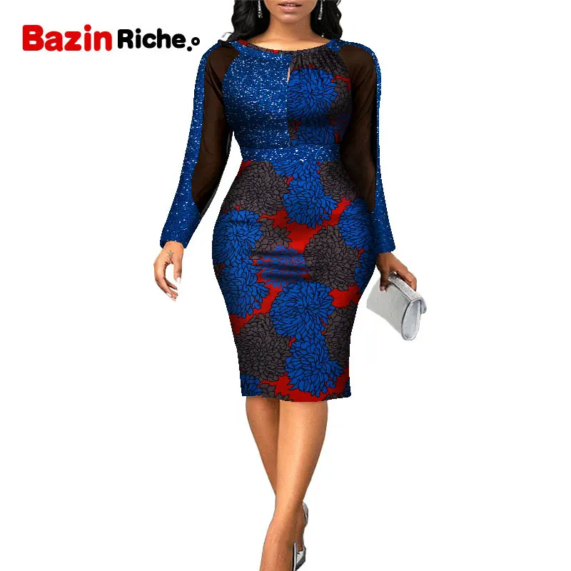 

African Lady Clothing Party Cover Knee Black Chiffon Patchwork Glitter Fabric Long Sleeve Slim Women Hip Dresses WY8005