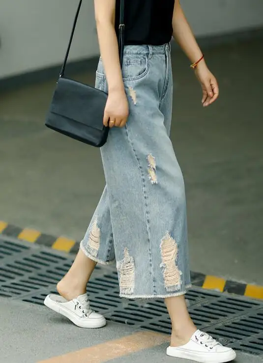Летние брюки с высокой талией длиной до икры потертые джинсы свободные женские