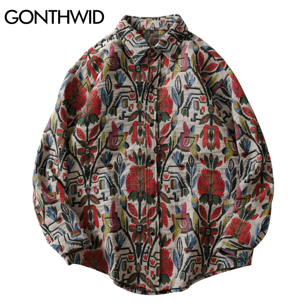 

GONTHWID Southwestern Aztec Tribal Indian Button Shirts Streetwear Hip Hop Casual Flowers Patterned Long Sleeve Shirt Coats Tops