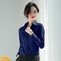 korean spring womens business professional work clothes commuting ol blouse blue slim v neck overalls long sleeve shirt