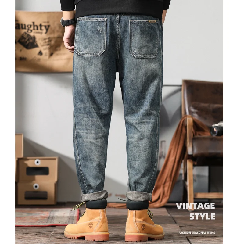 Streetwear Men Pattern Hole Patch Jeans Loose Recreational Straight Cylinder Blue Temperament Trousers Autumn Female 2022 New