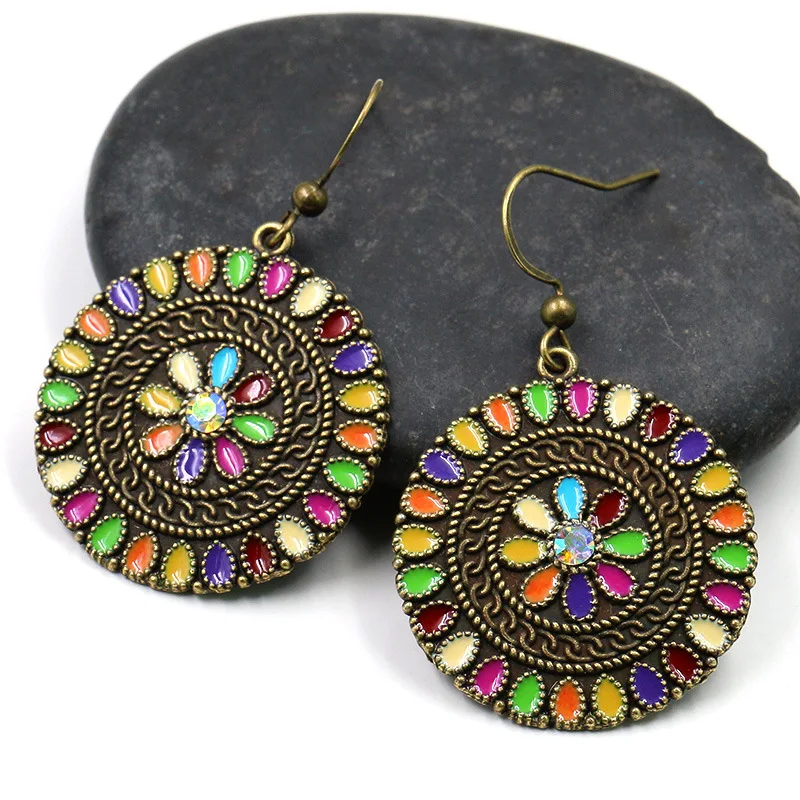 

New Oil Drip Flower Rhinestone Earrings Bohemian Ethnic Alloy Geometric Round Vintage Earrings for Women's Fashion Jewelry