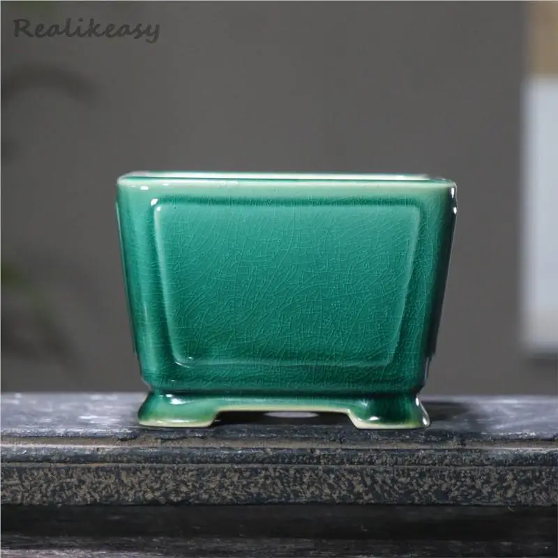 

Creative Crack Ceramic Square Bonsai Pot Chinese Style Retro Purple Clay Flower Pot Home Office Desktop Decorative Flower Pot