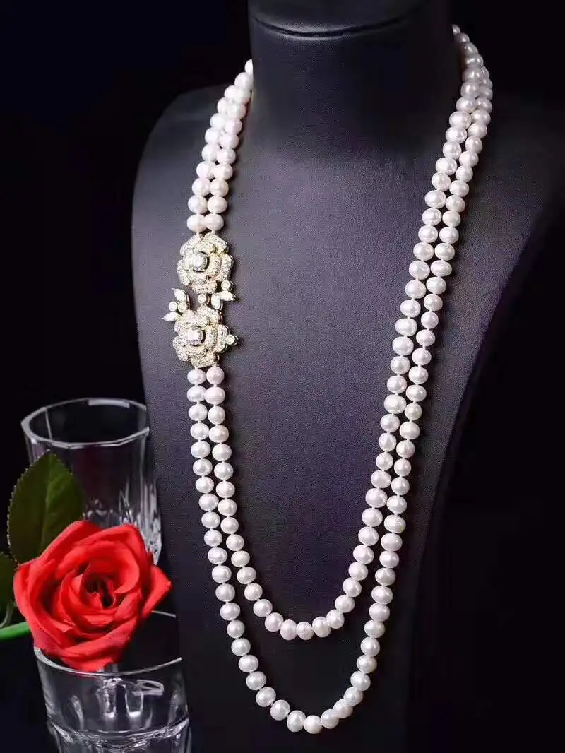 Women's jewelry 8-9mm 70-80cm micro inlaid zircon flower accessories white freshwater pearl necklace long sweater chain