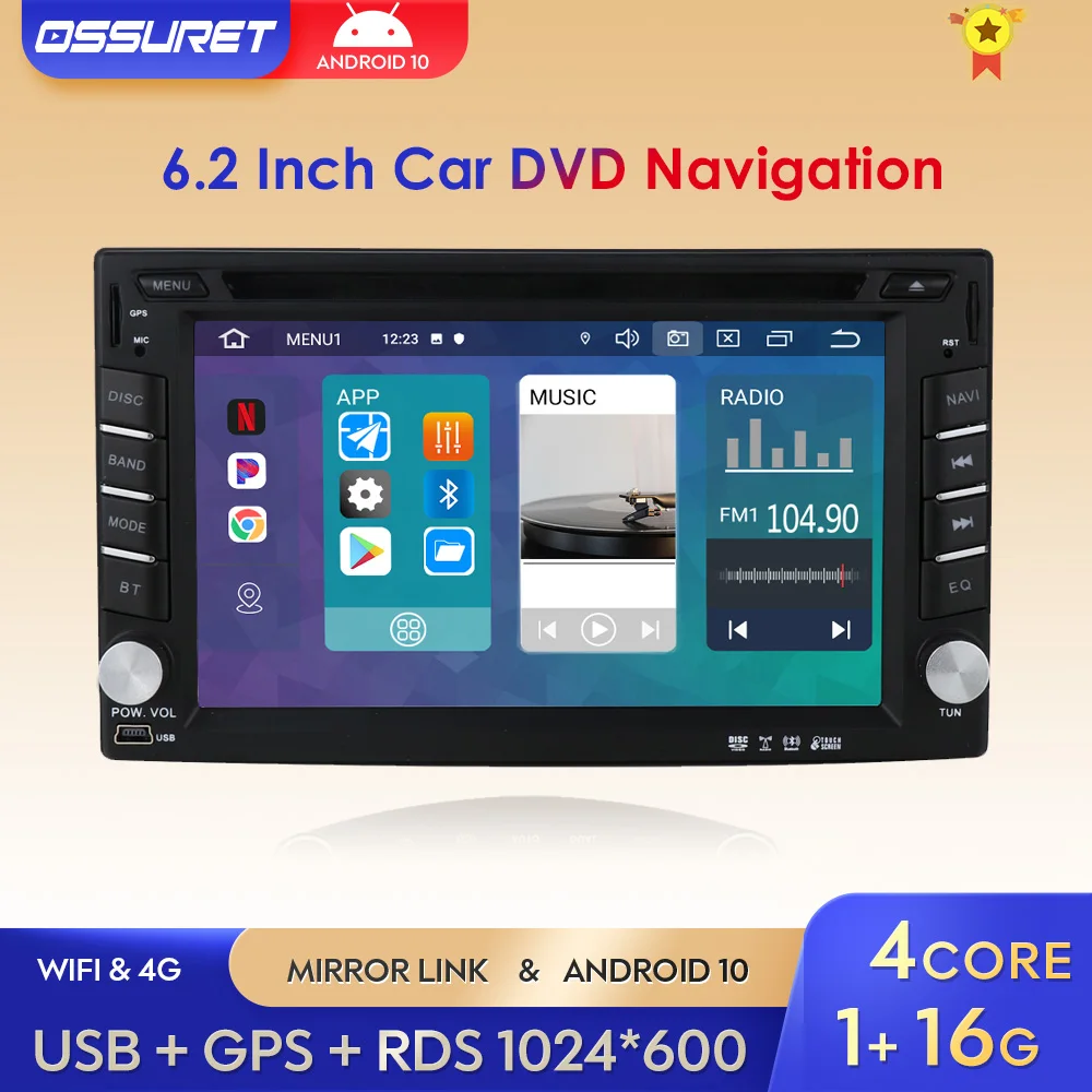 

6.2 Inch 2 Din Car DVD Player Android 10 Quad Core 1G 16G GPS BT EQ Mirrorlink SWC 4G WIFI Universal Stereo Navigation RDS Audio